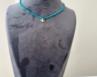 Collar de cuentas turquesas, amuleto minimalista de mal de ojo, plata maciza 925 bañada en oro, regalo de verano para ella, collar de buena suerte, joyería de mal de ojo