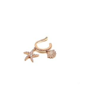 Dangling Starfish and Sea Shell Conch Ear Cuff Earrings,Dainty CZ Band Earrings, 925 Solid Silver Rose Vermeil, Ear Cuff No Piercing