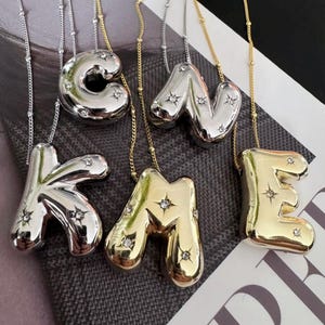 Collar con inicial de globo y estrella de circonita cúbica, collar con letra gruesa abullonada, plata maciza 925, collar con colgante de inicial de burbuja 3D personalizado