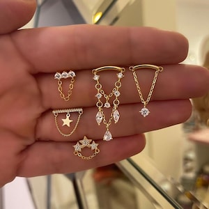 Silver Dangling, Chain CZ Studs, Minimalist Stud, CZ Helix Piercing, Chandelier Piercing, Delicate Jewelry, Geometric Piercing, Gift for Her