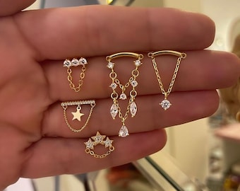 Silver Dangling, Chain CZ Studs, Minimalist Stud, CZ Helix Piercing, Chandelier Piercing, Delicate Jewelry, GeometricPiercing, Gift for Her
