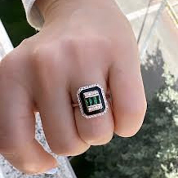 Emerald Baguette Square Shaped Ring, Black Enamel Baguette Ring, CZ Square Shaped Ring, 925 Solid Silver, Emerald Baguette Ring Diamond Ring