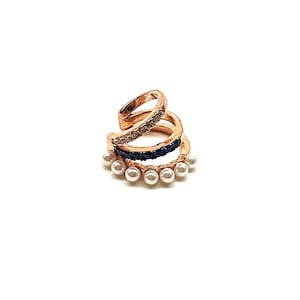 Triple Ear Cuff, Tiny Pave Pearl Cartilage, Sapphire CZ Ear Cuff, Ruby CZ Ear Cuff, 925 Solid Silver Rose Vermeil, Conch, Pearl Cartilage