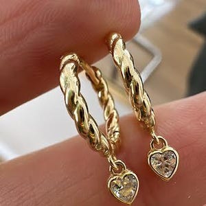Heart CZ  Dangle Drop Earrings, Rope  Huggie Hoop Earrings, 925 Solid Silver, Mini Heart Jewelry,  Dainty Chic Heart Charm, Gift for Her