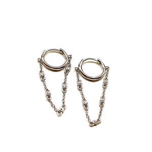 Dainty Dangling Chain CZ Huggie Hoop Earrings, Multi Mini Bezel Chain Hoop Earrings, 925 Solid Silver, Silver Long Chain Hoop Earrings,