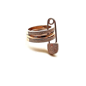 Triple Ring With Safety Pin Charm,  Removable Safety Pin Ring, 925 Solid Silver Rose Vermeil, 7/US Size Ring, CZ Pave Ring Plain Ring, Gifts