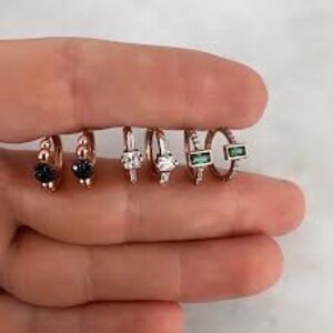 Dainty Baguette Huggie Hoop Earrings, Emerald Baguette Hoop Earrings 925 Sterling Silver Small Hoop Earrings with Zirconia, Baguette Jewelry
