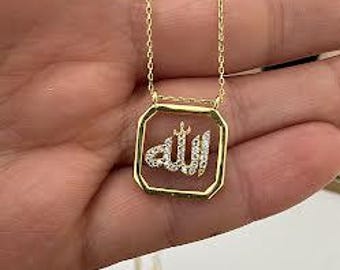 Allah Written Pendant Necklace, CZ Pave Arabic Necklace, 925 Solid Silver Necklace, Dainty Quran Necklace,Islamic Necklace Gift for Muslims