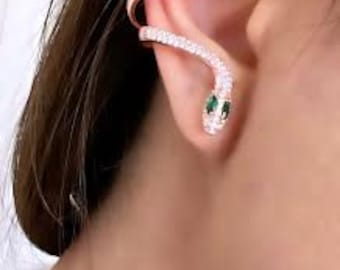 CZ Snake Ear Climber Earrings, Emerald CZ Snake Stud Earrings, Ear Crawler, Snake Conch Ear Cuff, 925 Solid Silver, Dainty Serpent Earrings