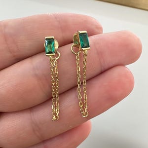 Emeral Baguette Dangle Drop Chain Earrings, Green Baguette Stud Earrings, Tiny Rectangular Stud, Drop Chain Earring, 925 Solid Silver, Gifts