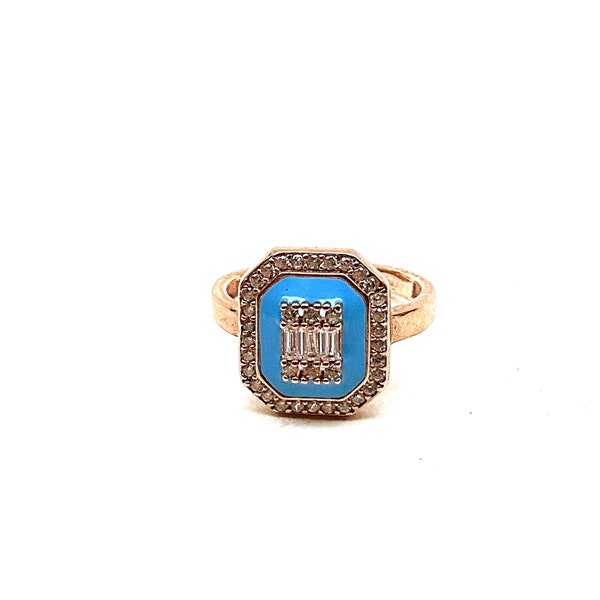 Square Shaped Turquoise Enamel Ring with Around Stones, Dainty Baguette Ring,  Diamond Ring, 925 Solid Silver Rose Vermeil, Gifts for Her