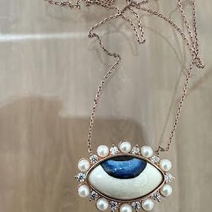 Ceramic eye pendants, Peal Of Mother Necklece,  Good Luck Charm, Modern Evil Eye Necklace, Porcelain Jewelry 925 Solid Silver, Gift for Her