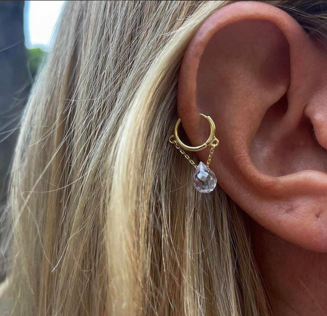 Mini Bezel CZ Dangling Hoop Earrings, Teardrop Crystal Dangling Chain ...