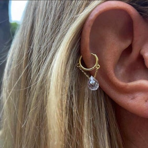 Mini Bezel CZ Dangling Hoop Earrings, Teardrop Crystal Dangling Chain Earrings, Chandelier  Hoop Earrings, 925 Solid Silver, Gift for Her