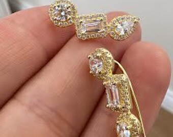 Dainty Triple BaguetteEar Climber Earrings, Pave CZ Tear Drop Ear Crawler, Conch Ear Cuff, 925 Sterling Silver Gold Vermeil, Gift For Her