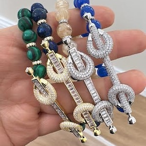 Bracciale con perline turchesi, bracciale con nodo baguette, bracciale con perline di vera malachite, gioielli in argento sterling massiccio 925, regalo per lei