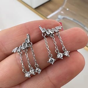 Baguette Earrings, Solitaire Chain Dangle Drop Earrings, 925 Solid Silver, Crawler Earrings,  Cluster Set , Ear Climber Crawler Earrings
