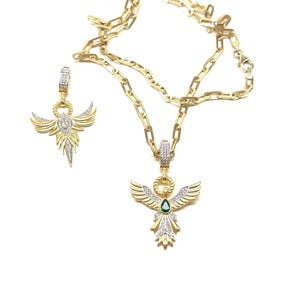 Cz Phoenix Firebird Pendant Necklace, Link Chain Necklace, reborn Simurg Necklace, Ancient Necklace, Cz Diamond, 925 Solid Silver Necklace