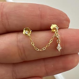 Double Stud Chain Earrings with Dangling CZ, 925 Solis Silver, Double Piercing Earring Chain, Double Dangly Stud Earrings, Double Piercing