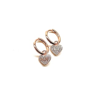 Pave CZ Dangle Drop Hoop Earrings, Heart Shaped Love Written Charm Earrings, 925 Solid Silver Heart Huggie Hoop Earrings Heart Charm Earring