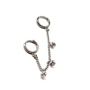 Double Huggie Hoop Chain Earring  With Multi Mini Crystal Charm, 925 Solid Silver Double Hoop Earring, Mini Multi Bezel Charm Cartilage