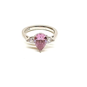 Dainty Pink Tear Drop CZ Ring, Pear Cut Paved Engagement Ring, 925 Sterling Silver, Love Ring ,Stackable Diamond Halo Ring, Three Stone Ring