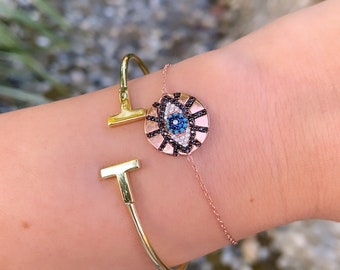 Rose Gold Plated Sterling Silver Stone Evil Eye Bracelet, Cubic Zirconia Evil Eye Bracelet, Dainty Chain Bracelet, Gift for Her