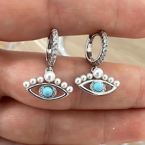 Turquoise Evil Eye Hoop Earring, Pearl Evil Eye Earring, Dangling Evil Eye Earrings, 925 Sterling Silver, Evil Eye Jewelry, Gift for Her