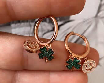 Dangling Green Clover Charm Huggie Hoop Earring, CZ Happy Face Charm, Dangle Drop Hoop Earring, 925 Solid Silver, Luck Charm Hoop Earrings