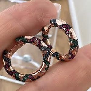 Pendientes de aro con estampado étnico, circonitas multicolor, plata de ley maciza 925, estilo bohemio minimalista, aros dorados, regalo para ella.