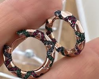 Ethnic Patterned Huggie Hoops Earrings, Multicolor Cz Hoops, 925 Solid Sterling Silver, Minimalist Boho Style Hoops, Gold Hoops Gift for Her