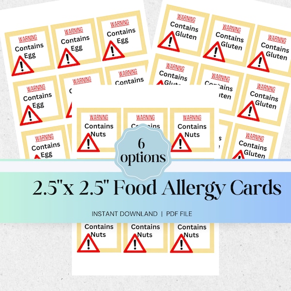 Food Ingredient Allergy Warning Cards | Potluck Food Allergy Cards | Bake Sale Allergy Cards