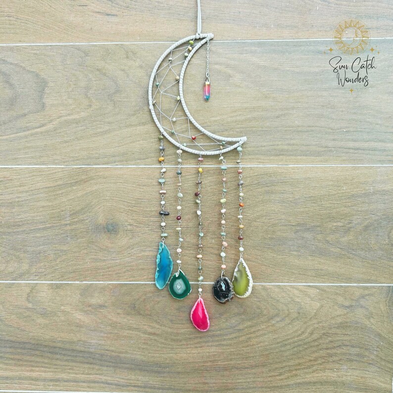 Crystal Moon Suncatcher, Wall Hanging Dreamcatcher, Natural Gemstone