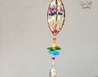 Tree of life Suncatcher, Crystal Wind Chime, Crystal Charming Decor, Stained Glass Window Hanging, Rainbow Window Prism