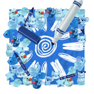 May include: A whimsical illustration featuring a blue background with a white spiral design. Scattered around are various light blue animal figurines, including ducks, elephants, and cats. A large white marker with a blue tip and a blue crayon are also present.