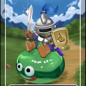 May include: A fantasy card featuring a Slime Knight character. The knight, in silver armor, holds a sword and shield, riding a green slime creature. The card includes the text "Slime Knight" and "Token Creature- Knight 2/2."