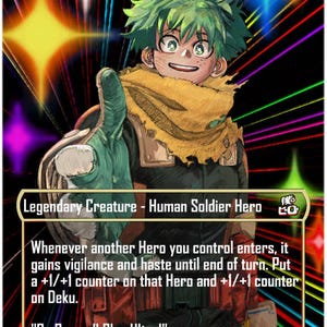 May include: A collectible trading card featuring an illustration of a green-haired character with a yellow scarf, reaching forward. The card text reads One For All Hero: Deku, Legendary Creature - Human Soldier Hero, and Go Beyond! Plus Ultra!
