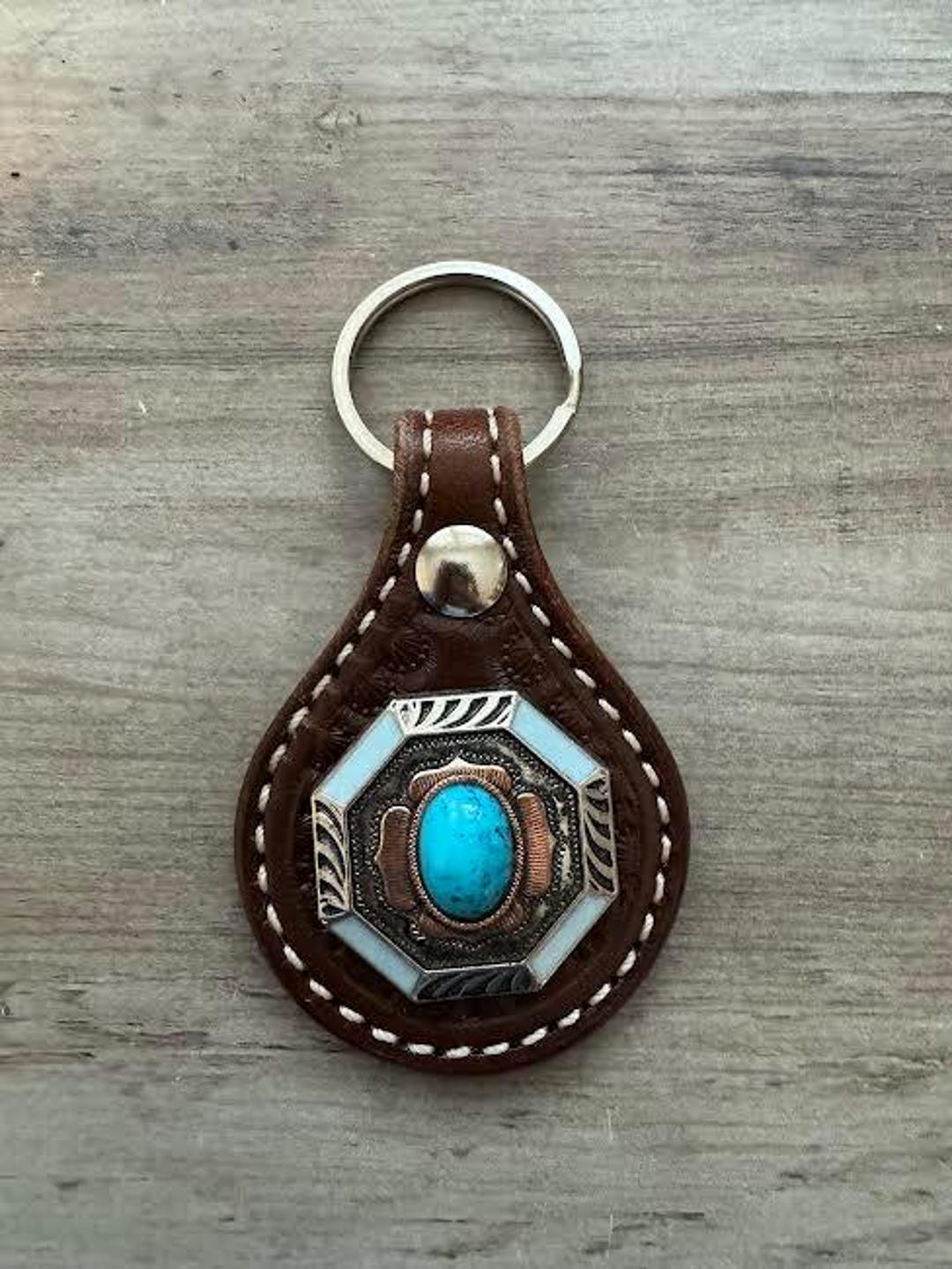 Leather Keychain With 1.25 Inch Octagon Turquoise Floral Western Concho ...
