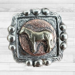 May include: A silver square belt buckle with a raised, round, copper-toned center featuring a gold-toned horse silhouette.