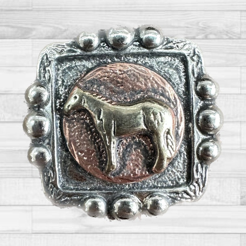 May include: A silver square belt buckle with a raised, round, copper-toned center featuring a gold-toned horse silhouette.