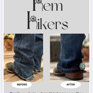 May include: A before and after image showing how to fix a frayed hem on jeans using a hem repair kit. The image shows a pair of blue jeans with a frayed hem before and after being repaired with a hem repair kit. The text on the image reads "Don't you hate when this happens after you pay $$$ for Jeans?"