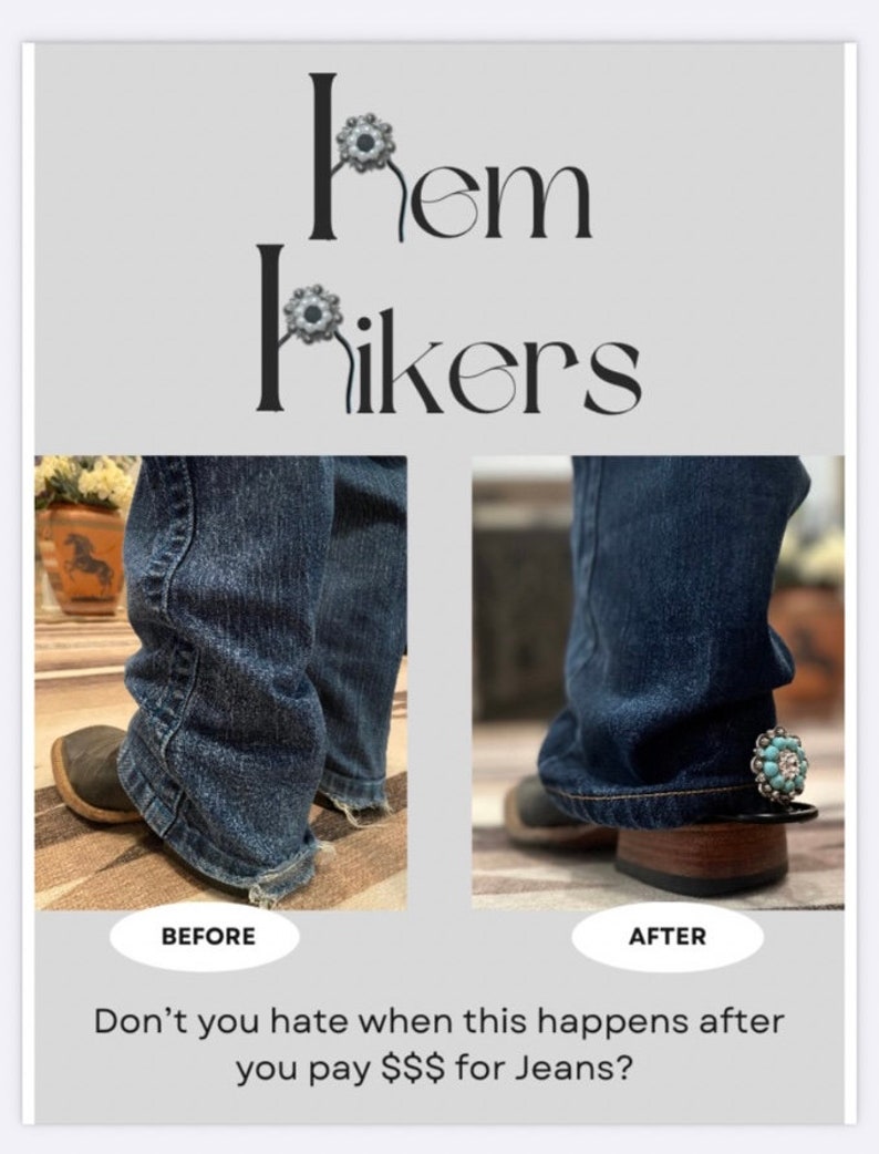 May include: A before and after image showing how to fix a frayed hem on jeans using a hem repair kit. The image shows a pair of blue jeans with a frayed hem before and after being repaired with a hem repair kit. The text on the image reads "Don't you hate when this happens after you pay $$$ for Jeans?"