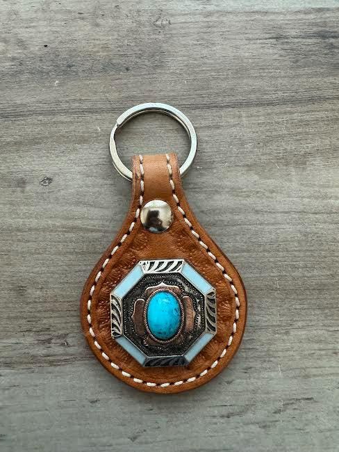 Leather Keychain With 1.25 Inch Octagon Turquoise Floral Western Concho ...