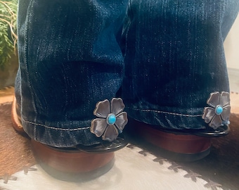 Hem Hikers--Antique Silver Flower with Turquoise 1.5 Inch Western Concho