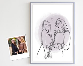 Line Art, Minimalistisches Portrait, Beste Freundin Geschenk, Digital Art, Freundschaft Portrait, Geschenk für Schwester, Geschenk für Bff, Geschenk für Mädchen, Schwester