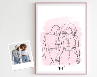 Line Art, Minimalistisches Porträt, Beste Freundin Geschenk, Digitale Kunst, Freundschaft Porträt, Zeichnung Design, Kunstwerk, Illustration Zeichnung, Geschenk Liebe