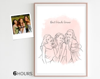 Bestie's portrait, gift for best friend birthday, Friendship Line Drawing, outline drawing, Bestie's Gift for Her, Birthday Gift for him