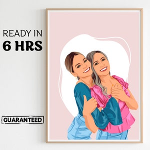 beste Freundin Cartoon Portrait, Geburtstagsgeschenk für Sie, Freundschaft Custom, Gesichtslos Portrait Druck, Geschenk für Bestie, Custom Freundschaftsgeschenk Bild 1