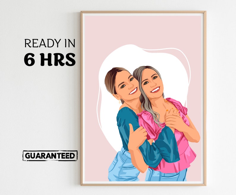 beste Freundin Cartoon Portrait, Geburtstagsgeschenk für Sie, Freundschaft Custom, Gesichtslos Portrait Druck, Geschenk für Bestie, Custom Freundschaftsgeschenk Bild 1