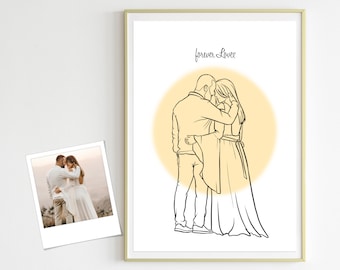 regalo di nozze, Ricordi di matrimonio, Regalo per coppie, Line Art, Sposa, sposo, Foto di matrimonio, Disegno degli sposi, Regali per gli innamorati